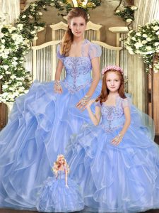 Dramatic Lavender Sweet 16 Dress Military Ball and Sweet 16 and Quinceanera with Beading and Ruffles Strapless Sleeveless Lace Up