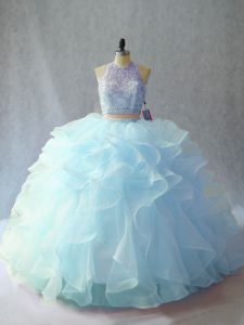 Light Blue Sleeveless Organza Brush Train Backless Quinceanera Gowns for Sweet 16 and Quinceanera