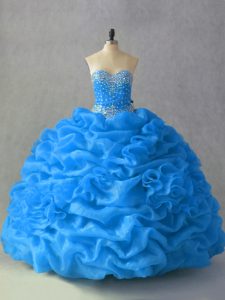 Romantic Floor Length Lace Up Quince Ball Gowns Blue for Sweet 16 and Quinceanera with Beading and Pick Ups and Hand Made Flower