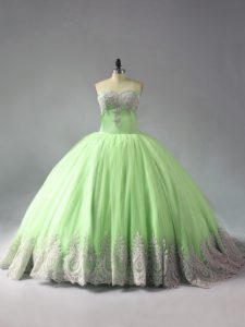 Sleeveless Beading and Appliques Lace Up Quinceanera Dress with Yellow Green Court Train