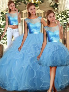 Low Price Floor Length Baby Blue 15th Birthday Dress Tulle Sleeveless Lace and Ruffles