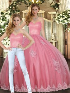 Watermelon Red Tulle Lace Up Sweet 16 Dress Sleeveless Floor Length Appliques