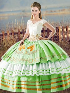 Luxury Satin Lace Up Quinceanera Gown Sleeveless Floor Length Embroidery and Ruffled Layers