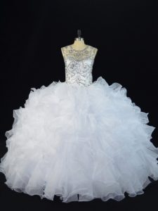 Amazing White Lace Up Quinceanera Dress Beading and Ruffles Sleeveless Floor Length