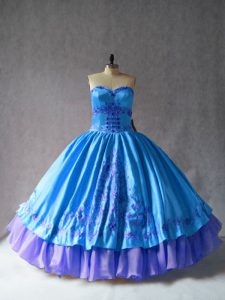 Vintage Sweetheart Sleeveless Sweet 16 Dresses Floor Length Embroidery Blue Satin and Organza