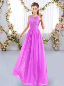Sleeveless Chiffon Floor Length Zipper Quinceanera Court Dresses in Fuchsia with Lace