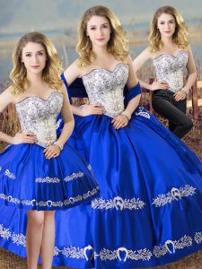 Sleeveless Satin Floor Length Lace Up Quince Ball Gowns in Royal Blue with Beading and Embroidery
