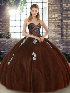 Custom Made Tulle Sweetheart Sleeveless Lace Up Beading and Appliques Sweet 16 Dresses in Brown