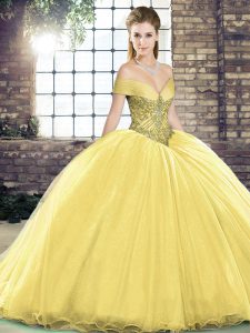 Fancy Gold Ball Gowns Organza Off The Shoulder Sleeveless Beading Lace Up 15th Birthday Dress Brush Train