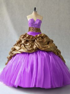 High Quality Lavender Organza and Printed Lace Up V-neck Sleeveless Floor Length Sweet 16 Dress Beading and Pick Ups