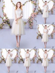 Artistic High-neck Half Sleeves Lace Up Quinceanera Dama Dress Champagne Tulle