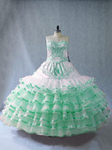 Glorious Apple Green Ball Gowns Embroidery and Ruffled Layers Sweet 16 Dress Lace Up Organza Sleeveless Floor Length