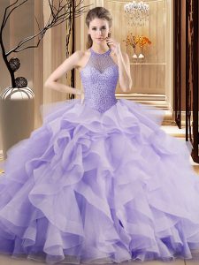 Sleeveless Organza Sweep Train Lace Up Sweet 16 Dress in Lavender with Beading and Ruffles