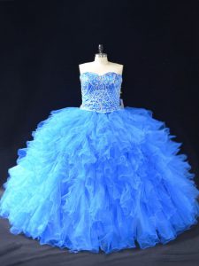 Traditional Sleeveless Floor Length Beading and Ruffles Lace Up 15th Birthday Dress with Blue