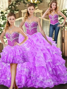 Glamorous Sweetheart Sleeveless Sweet 16 Dress Floor Length Beading and Ruffles Lilac Organza