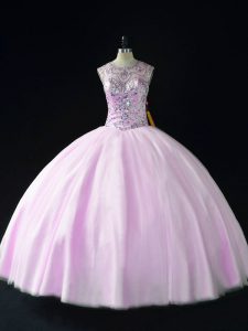 Lilac Ball Gowns Tulle Scoop Sleeveless Beading Floor Length Lace Up Quinceanera Gowns