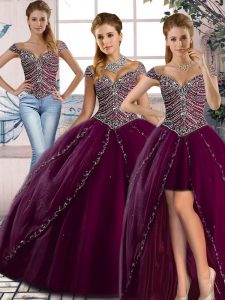 Exceptional Sweetheart Cap Sleeves Brush Train Lace Up Ball Gown Prom Dress Purple Tulle