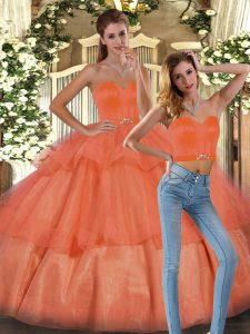 Charming Sweetheart Sleeveless 15 Quinceanera Dress Floor Length Ruffled Layers Orange Organza