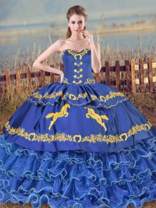 Best Selling Sweetheart Sleeveless Sweet 16 Dress Brush Train Embroidery and Ruffled Layers Blue Organza