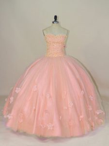 Luxury Pink Ball Gowns Hand Made Flower Sweet 16 Dresses Lace Up Tulle Sleeveless Floor Length