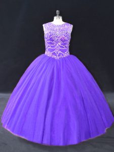 Sleeveless Tulle Floor Length Lace Up 15th Birthday Dress in Purple with Beading