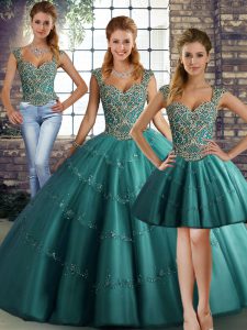 Fabulous Teal Straps Lace Up Beading and Appliques Sweet 16 Quinceanera Dress Sleeveless