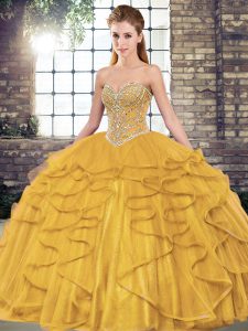 Top Selling Gold Sleeveless Floor Length Beading and Ruffles Lace Up Vestidos de Quinceanera