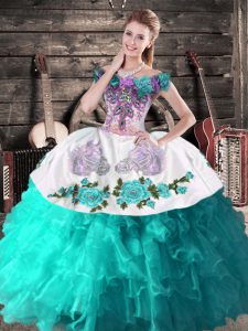 Floor Length Lace Up Ball Gown Prom Dress Turquoise for Sweet 16 and Quinceanera with Embroidery