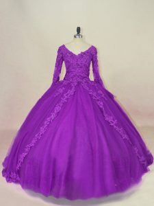 Charming Long Sleeves Floor Length Appliques Lace Up 15th Birthday Dress with Purple