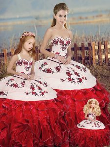 Sleeveless Floor Length Embroidery and Ruffles and Bowknot Lace Up 15 Quinceanera Dress with White And Red