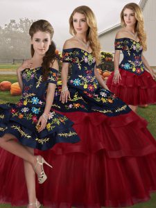 Designer Wine Red Ball Gowns Tulle Off The Shoulder Sleeveless Embroidery and Ruffled Layers Lace Up Quinceanera Dress Brush Train