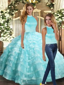 Fitting Floor Length Aqua Blue Ball Gown Prom Dress Halter Top Sleeveless Backless
