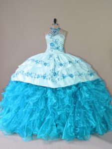 Court Train Ball Gowns 15 Quinceanera Dress Aqua Blue Halter Top Organza Sleeveless Lace Up
