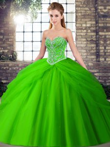 Simple Green Ball Gowns Sweetheart Sleeveless Tulle Brush Train Lace Up Beading and Pick Ups Sweet 16 Dresses