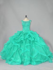 Turquoise Ball Gowns Beading and Ruffles Quinceanera Dresses Lace Up Organza Sleeveless Floor Length