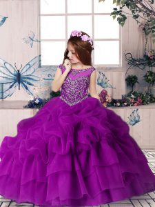 Sleeveless Organza Floor Length Zipper Girls Pageant Dresses in Purple with Beading and Pick Ups