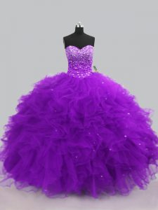 Beading and Ruffles Quinceanera Dresses Purple Lace Up Sleeveless Floor Length