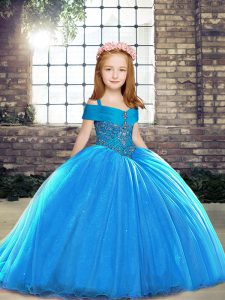 Eye-catching Baby Blue Ball Gowns Straps Sleeveless Brush Train Lace Up Beading Kids Pageant Dress