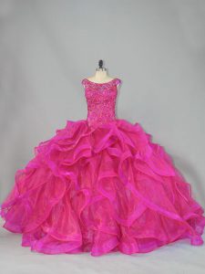 Pretty Hot Pink Sleeveless Beading and Ruffles Lace Up Sweet 16 Dress