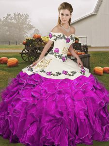 Modern White And Purple Ball Gowns Embroidery and Ruffles Quinceanera Dresses Lace Up Organza Sleeveless Floor Length