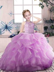 Scoop Sleeveless Little Girls Pageant Dress Wholesale Floor Length Beading and Ruffles Lilac Organza