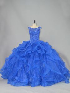 Lovely Organza Scoop Sleeveless Brush Train Lace Up Beading and Ruffles Quinceanera Gowns in Royal Blue