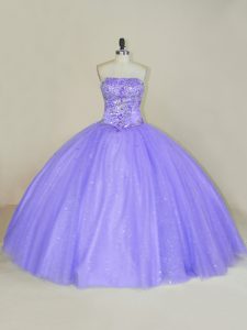 Ball Gowns Quinceanera Dress Lavender Strapless Tulle Sleeveless Floor Length Lace Up