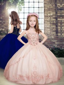 Most Popular Pink Straps Neckline Beading Kids Pageant Dress Sleeveless Lace Up