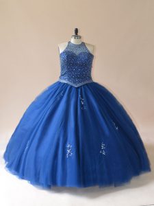 Pretty Sleeveless Floor Length Beading Lace Up Quinceanera Gowns with Blue