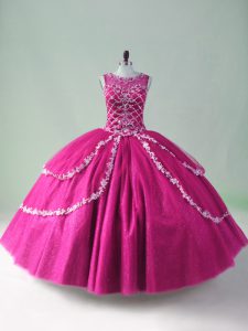 Flare Scoop Sleeveless Quinceanera Dresses Floor Length Beading and Appliques Fuchsia Tulle