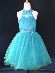 Smart Aqua Blue Halter Top Neckline Beading and Lace Girls Pageant Dresses Sleeveless Lace Up