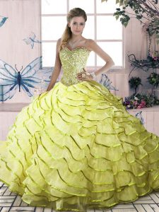 Traditional Yellow Green Ball Gowns Organza Halter Top Sleeveless Beading and Ruffled Layers Lace Up Sweet 16 Dress Brush Train