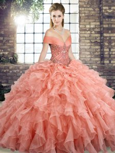 Best Selling Sleeveless Brush Train Beading and Ruffles Lace Up Sweet 16 Quinceanera Dress