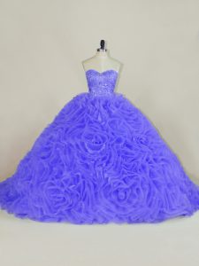 Comfortable Purple Ball Gowns Sweetheart Sleeveless Organza and Fabric With Rolling Flowers Brush Train Lace Up Beading and Ruffles Quince Ball Gowns